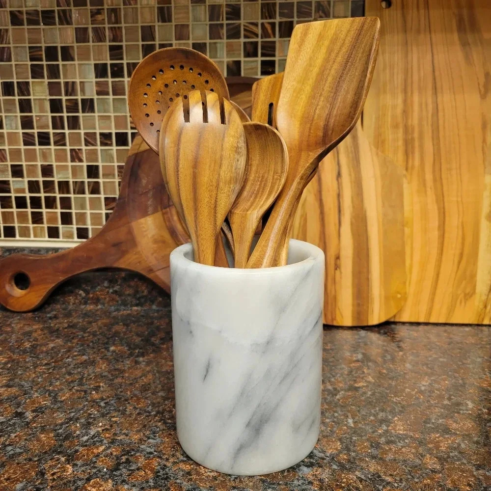 Genuine Marble Utensil Holder Crock Kitchen Modern Organic White Gray - Picture 2 of 5